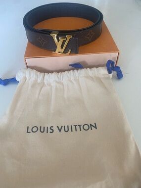 AUTHENTIC Louis Vuitton Dark Brown Monogram Canvas Belt with Gold LV Buckle
